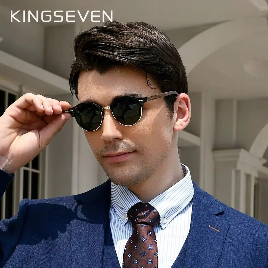 KINGSEVEN Sonnenbrille Rund, Holz, Vollrand, braun, Unisex, polarisiert - Bild 2