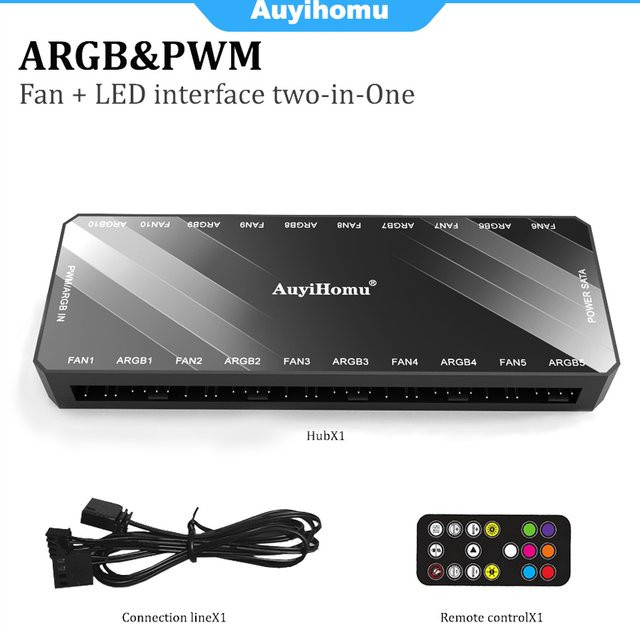 AuyiHomu 10-Port PWM ARGB Lüfter-Hub mit Fernbedienung und magnetischer Halterung in Schwarz mit SATA-Stromversorgung zur PC-Lüftersteuerung und ARGB-Lichtsynchronisation - Bild 1