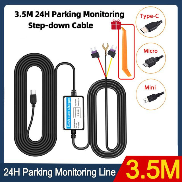 WDSZKMYF Hardwire Kit für Dash Cam DVR mit 3,5 m Kabel, 2,5 A Step-Down Line, kompatibel mit Mini, Micro und Typ-C USB, Schwarz - Bild 1