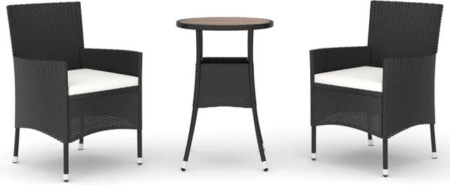 vidaXL 3-teiliges Garten-Bistro-Set aus Poly Rattan und Akazienholz in Schwarz-Creme mit Kissen - Bild 1