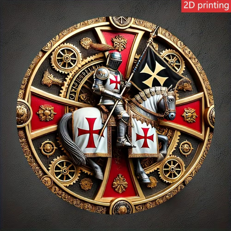 Potdemiel Vintage Metallwandkunst Rund mit Templer-Motiv Ritter und Kreuz, Mehrfarbig, Durchmesser: 20,32 cm - Bild 2