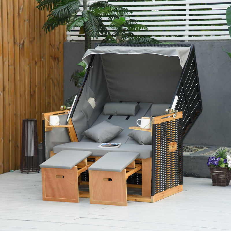 Outsunny Strandkorb Volllieger Gartenliege aus PE-Rattan mit Sonnenverdeck und Getränkehaltern, hellgrau, B/T/H: 118 x 79 x 160 cm - Bild 2