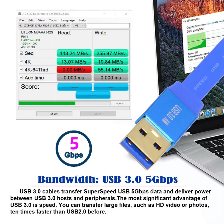 MACDOT USB 3.0 Verlängerungskabel Typ A auf Buchse, Blau, 5 Gbit/s, ultraflach und schlank für Festplatten, SSD und Kameras - Bild 2