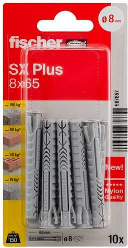 Fischer SX Plus Spreizdübel aus Nylon in Grau, Länge: 65 mm, Durchmesser: 8 mm, 10 Stück - Bild 1