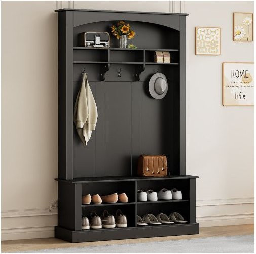 MUVOE Garderobenset in Schwarz mit Kleiderständer, Schuhbank und Regalböden, H: 190 cm, B: 120 cm, T: 40 cm - Bild 1