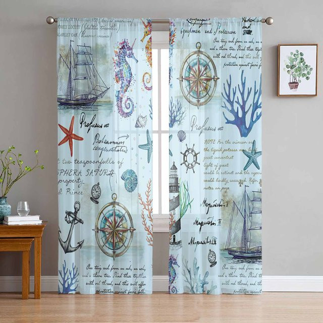 Super Six Transparente Tüll-Vorhänge mit Maritim-Design in Blau, Breite: 135 cm, Höhe: 137 cm - Bild 1
