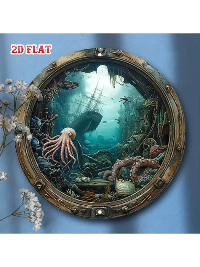 Maritime Bullauge-Wanddekoration von Potdemiel – Rundes Metallschild mit Unterwasser-Schiffwreck-Szene in Mehrfarben - Bild 3
