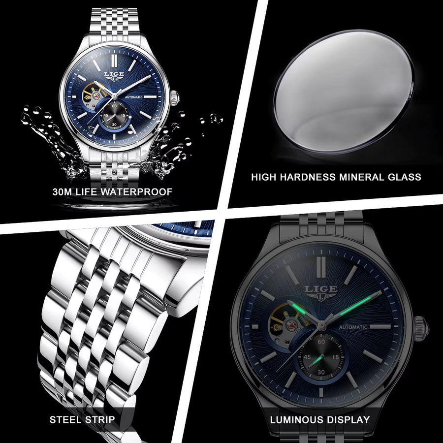 LIGE Armbanduhr, Automatik, Edelstahl, Blau, Herren - Bild 4