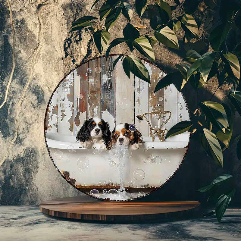 Rundes Aluminiumschild von Potdemiel mit Cavalier King Charles Spaniels im Badewannendesign, Durchmesser: 20,3 cm, Mehrfarbig - Bild 4