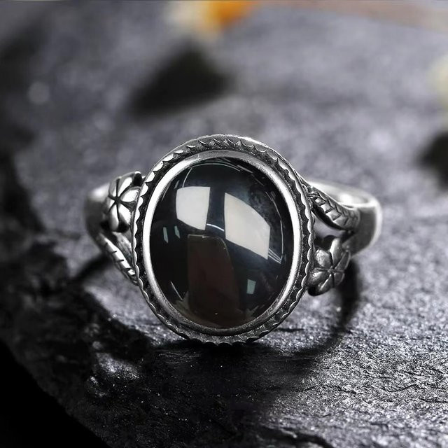Silberring 925 Silber, Schwarzer Onyx, Vintage, Unisex - Bild 1