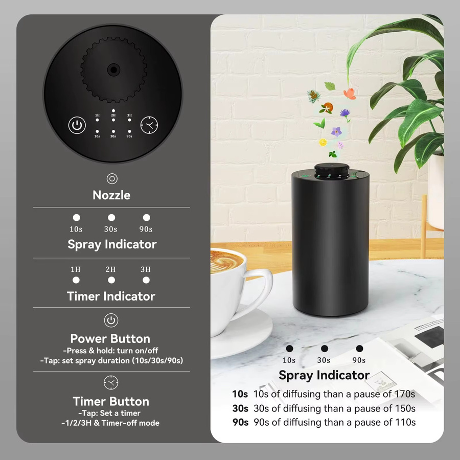 PDQ Wasserloser Ultraschall-Aromadiffusor für ätherische Öle, batteriebetriebener Diffusor mit 3 einstellbaren Nebelstufen, Schwarz - Bild 4