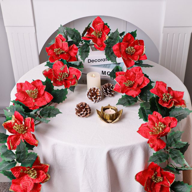 XIYA FLOWER 2er-Set Künstliche Dahlien mit goldenen Kanten und Blättern in Gold und Rot für Weihnachtsdekoration - Bild 1