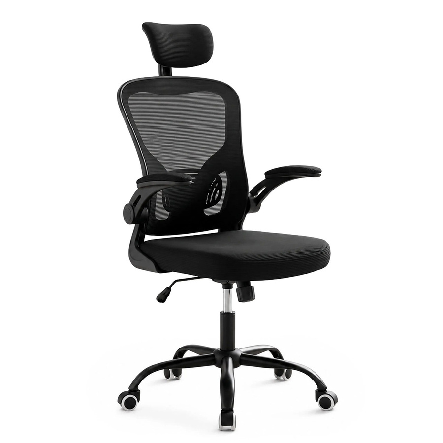 Relaxdays Ergonomischer Bürostuhl Schwarz aus Kunststoff und Metall mit Kopfstütze, Armlehnen und Rollen, Höhenverstellbar und Drehbar, B/T/H: 64 x 73 x 117 cm - Bild 2