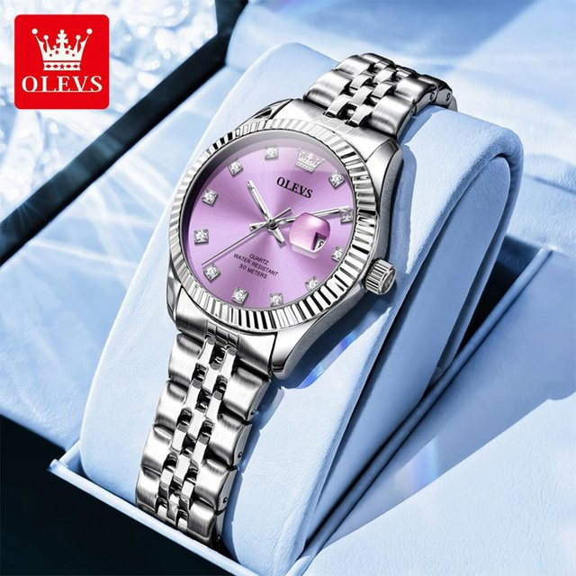 OLEVS Armbanduhr Quarz, Edelstahl, violett/silber, Damen, Datum - Bild 1