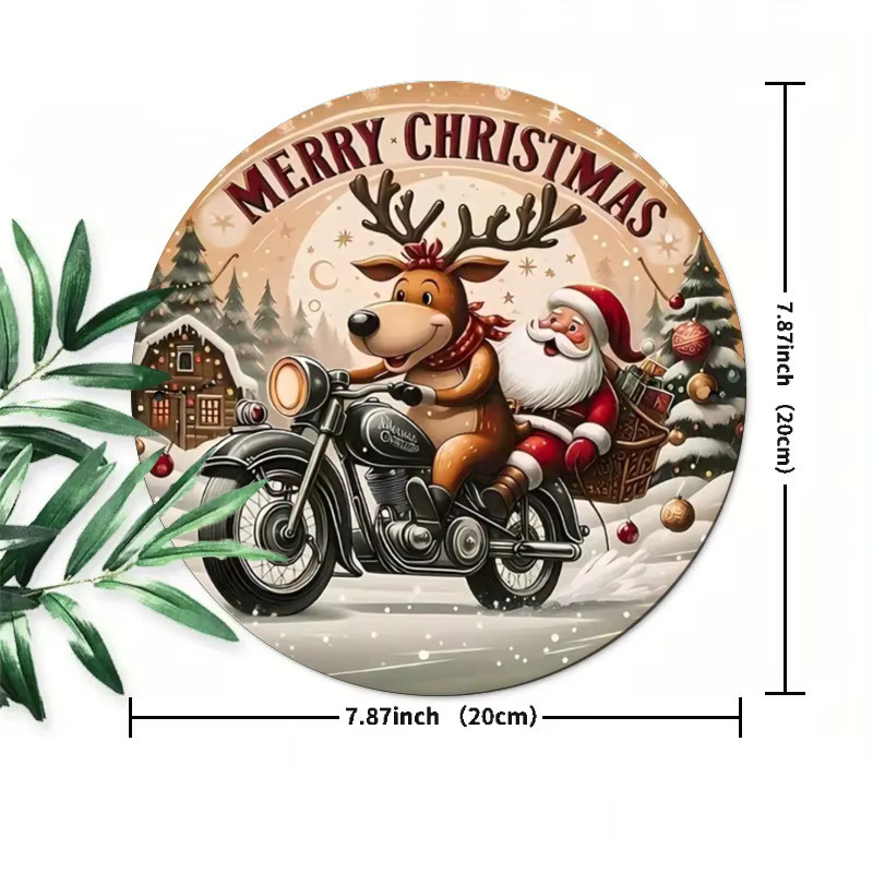 Rundes Vintage-Holzschild von Potdemiel mit Weihnachtsrentier und Weihnachtsmann als Wandkunst, Mehrfarbig, Durchmesser: 19,99 cm - Bild 2