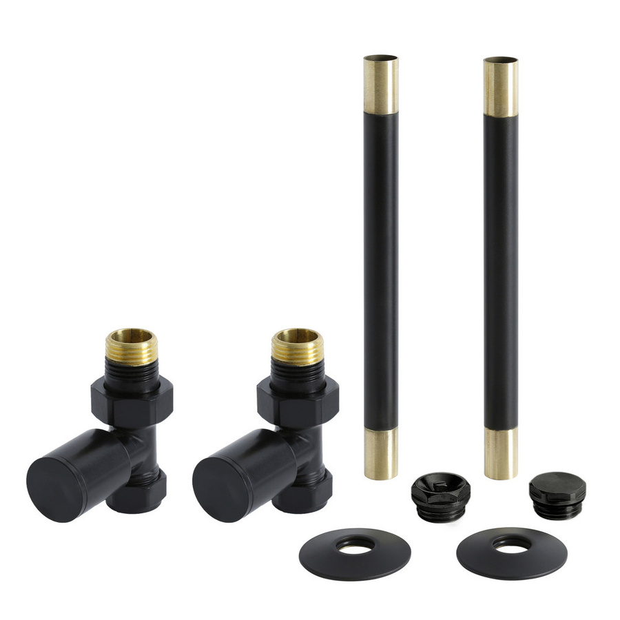 Hudson Reed Thermostatisches Heizkörper-Ventilset in Schwarz Matt, Durchgang, mit Rohrstücken für 15mm Kupferrohre und 1/2 Zoll Anschlüssen - Bild 1