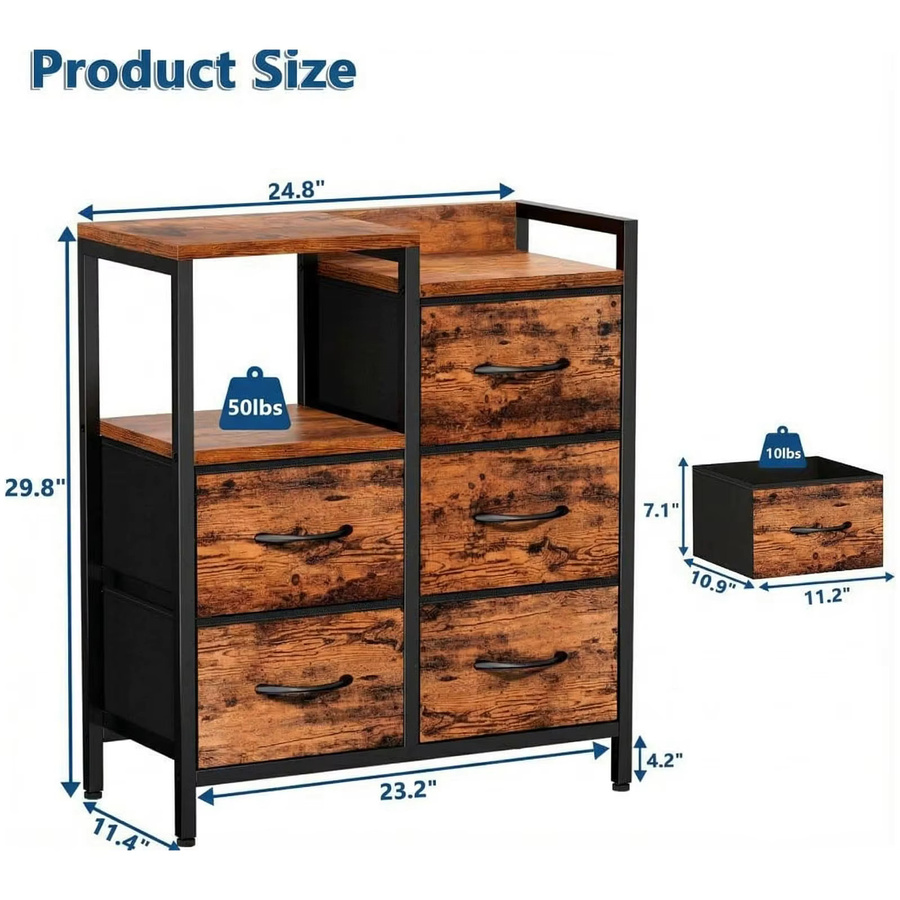 HiMISS Mobiler 5-Schubladen-Schrank mit offenem Ablagefach und Rollen, Büro-Organizer in Weiß und Braun im Industrial-Design - Bild 5