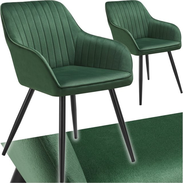 tectake Esszimmerstuhl Marilyn 2er Set, gepolstert in Samtoptik mit Steppmuster und Stahlbeinen, Dunkelgrün-Schwarz, B/T/H: 58 x 62 x 82 cm - Bild 1