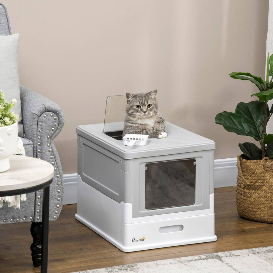 PawHut Katzentoilette mit ausziehbarer Schublade und Bodenschale in Weiss und Grau, B/H/L: 35,5 x 47,5 x 36,7 cm - Bild 2
