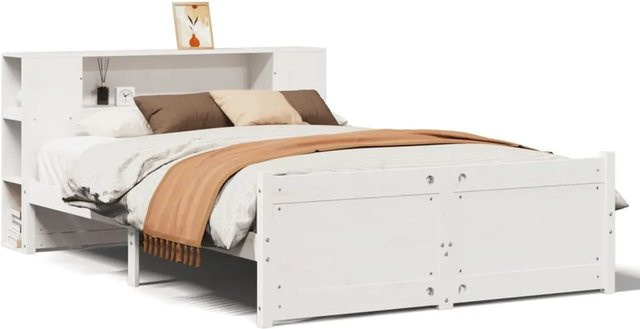 vidaXL Massivholzbett aus Kiefer mit integriertem Regal in Weiß, B/T/H: 150 x 200 cm - Bild 1