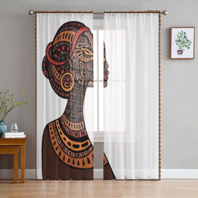 Super Six Transparente Chiffon-Fenstervorhänge mit Afrikanischem Motiv in Weiß, Breite: 135 cm, Höhe: 114 cm - Bild 1