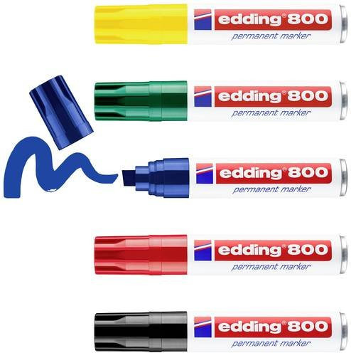 Edding 800 Permanentmarker Meißelspitze im 5er Set, Mehrfarbig (Schwarz, Blau, Grün, Rot, Gelb) - Bild 1