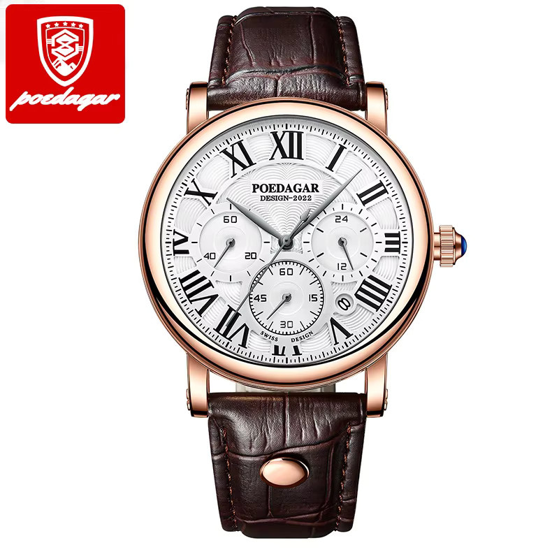 POEDAGAR Armbanduhr Chronograph, Quarz, Leder, Schwarz, Herren - Bild 7