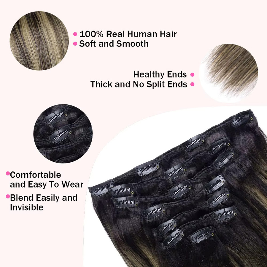 SHUOZI Clip-in-Haarverlängerung aus Echthaar, 7 Stück, Balayage, Schwarz-Goldblond - Bild 2