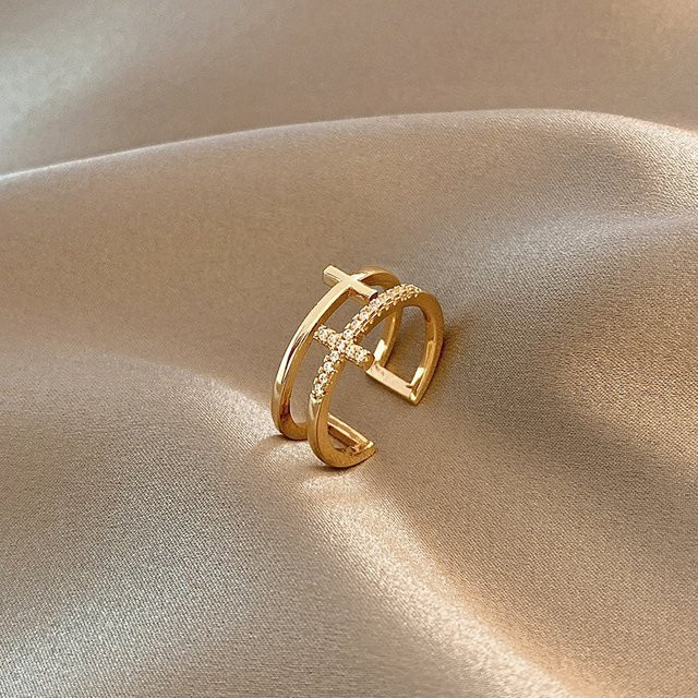 DAIPAN Ring, Doppel Schicht Kreuz, Bicolor, Gold, Silber Farbe, Damen - Bild 1