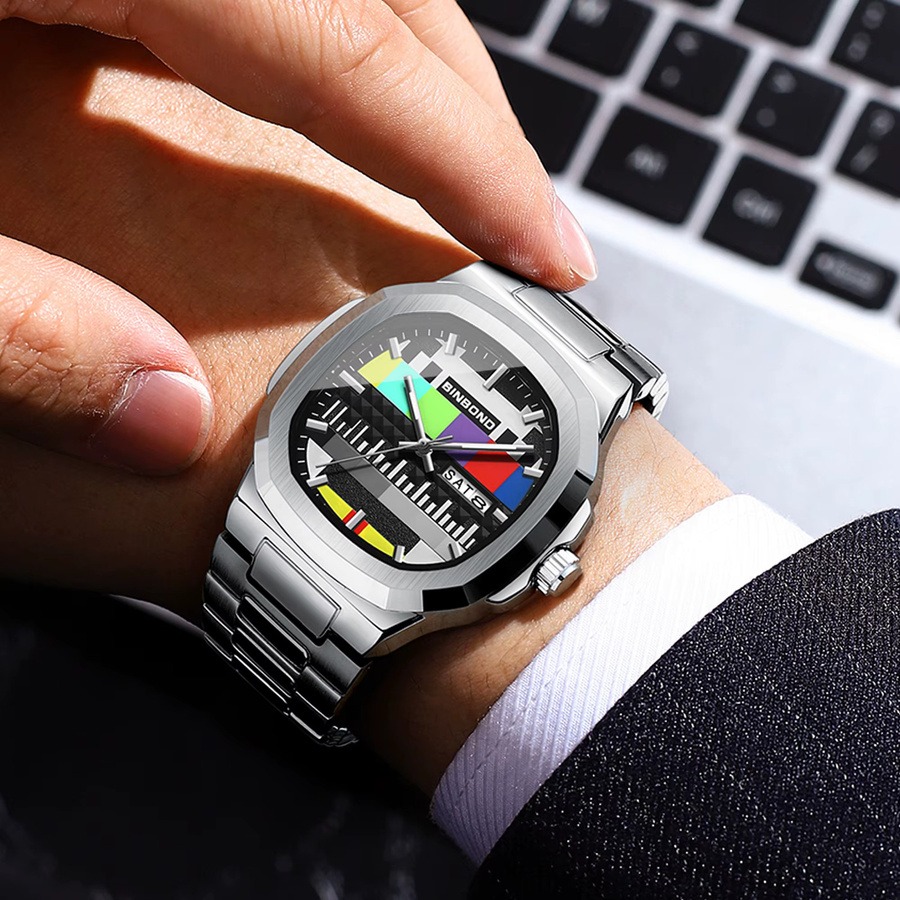 BINBOND Armbanduhr Edelstahl, Quarz, Schwarz, Silber, Herren - Bild 4