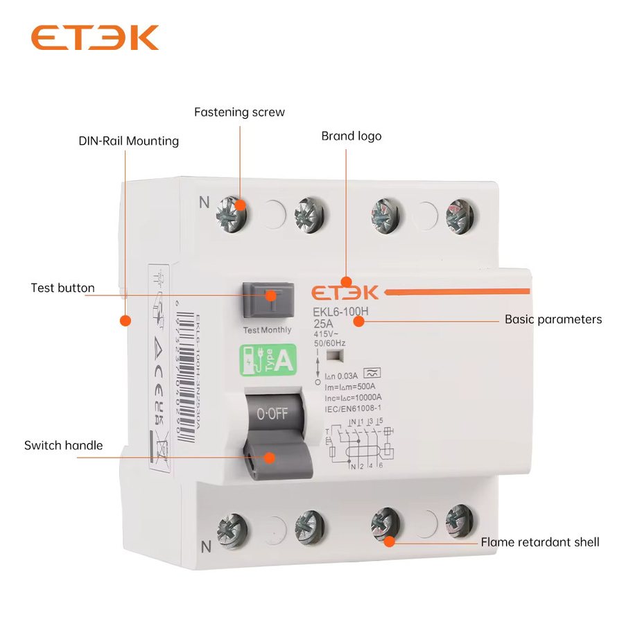 ETEK Typ A RCD RCCB Elektromechanischer Fehlerstrom-Schutzschalter 40A 30mA 2-polig 10KA 4P 230V EKL6-100H in Weiß - Bild 2