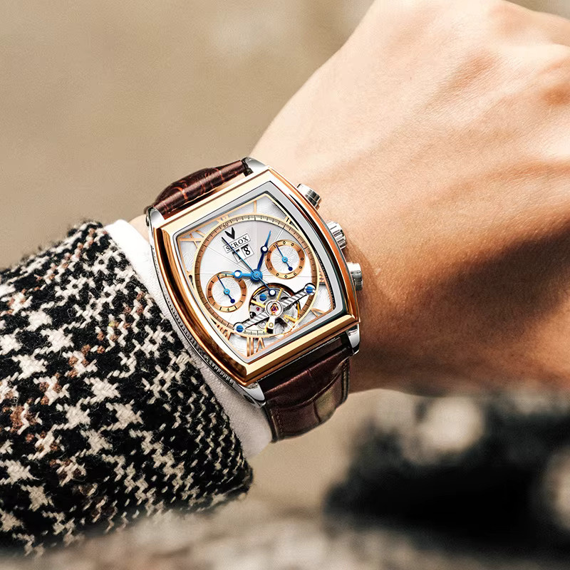 SKROX Armbanduhr Tonneau, Automatik, Edelstahl, Leder, Herren, Schwarz - Bild 3