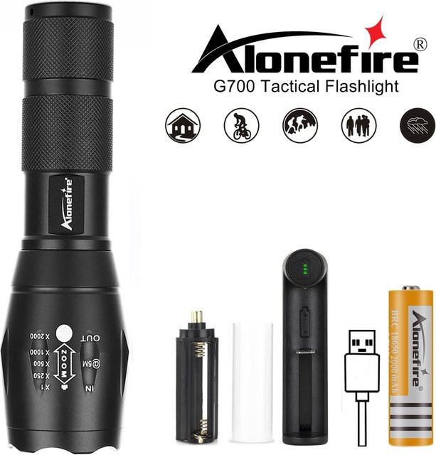 Alonefire 10W Zoom LED Taschenlampe aus Aluminium in Schwarz für Outdoor, Camping und Jagd - Bild 1