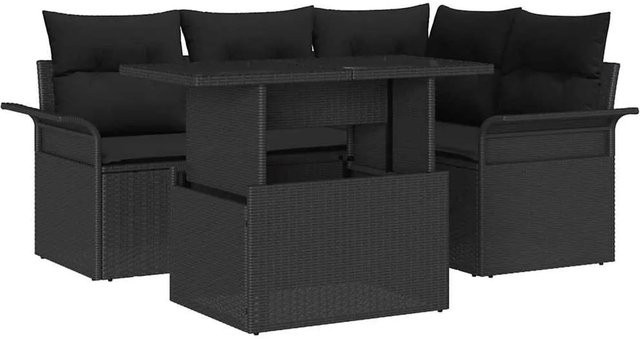 vidaXL 5-teiliges Garten Sofa Set aus Poly Rattan in Schwarz mit Kissen und Tisch im L-Shape Design - Bild 1