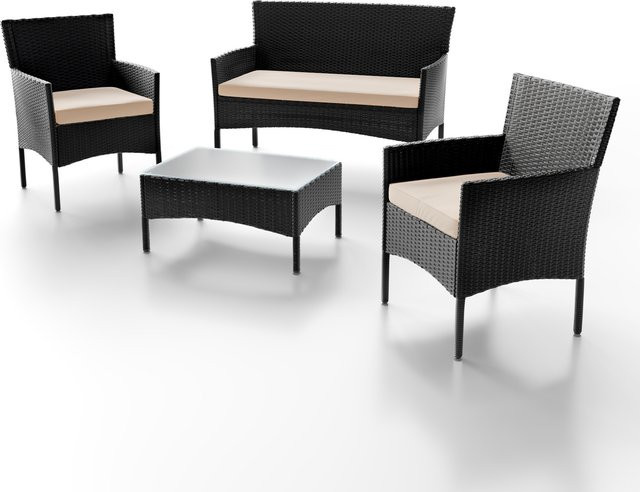 Juskys Polyrattan Gartenmöbel-Set Fort Myers in Schwarz mit Tisch, Sofa, 2 Stühlen und Auflagen in Cremeweiß - Bild 1