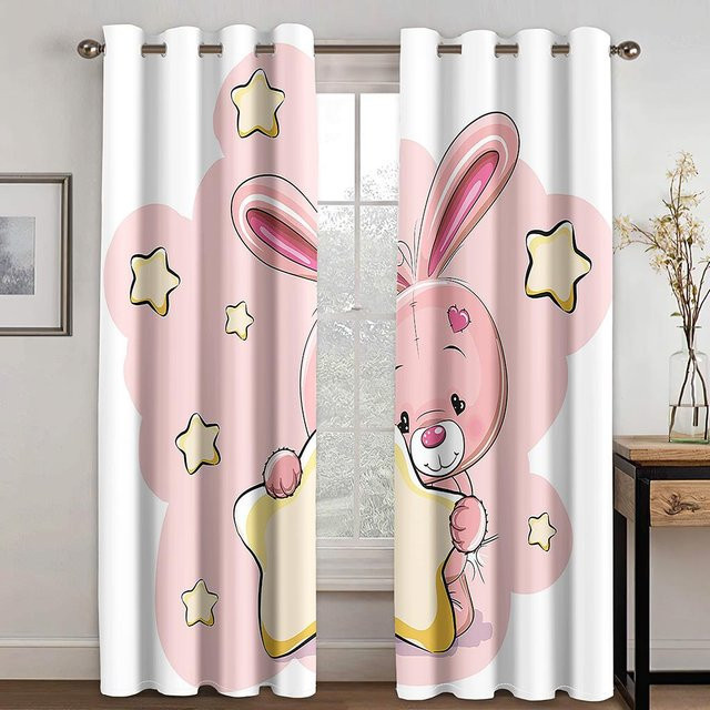 2er-Set Dünne Fenstervorhänge mit Cartoon Katze und Tierpark Motiv in Pink für Kinderzimmer und Wohnzimmer, Breite: 220 cm, Höhe: 214 cm - Bild 1