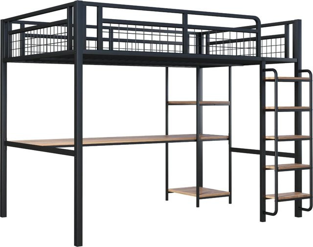 Merax Hochbett aus Metall und MDF mit Treppe, Tisch und Regal in Schwarz - Bild 1