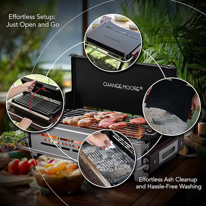 CHANGE MOORE BBQ-Holzkohlegrill aus Edelstahl 304 in Silber, tragbarer Outdoor-Campingkocher für Picknick und Garten, B/T/H: 44 x 35 x 21 cm - Bild 3