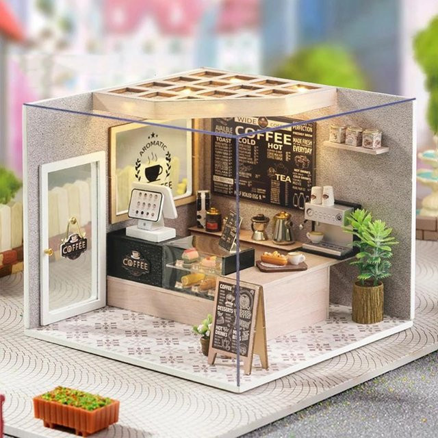Cutebee Café DIY-Puppenhaus-Bausatz mit Möbeln und Licht, licht grau - Bild 1
