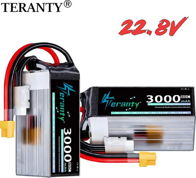 TERANTY 6S Li-Ion Akku 22,8V 3000mAh 80C/160C Schwarz für FPV-Drohnen, Quadcopter, Hubschrauber, RC-Autos und Boote - Bild 1