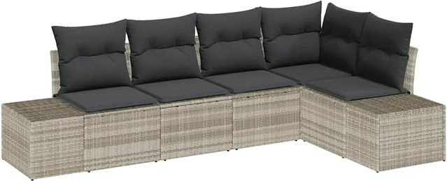 vidaXL Garten-Sofa-Set 5-teilig in Hellgrau aus Poly-Rattan mit Polsterkissen und Stahlgestell - Bild 1