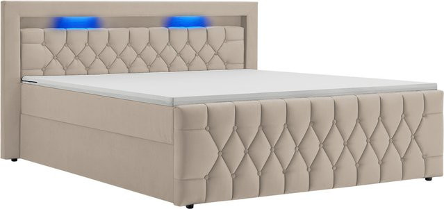 Juskys Boxspringbett Leona in Beige mit Samtbezug, LED-Unterbettbeleuchtung und Federkern, B/T: 140 x 200 cm - Bild 1