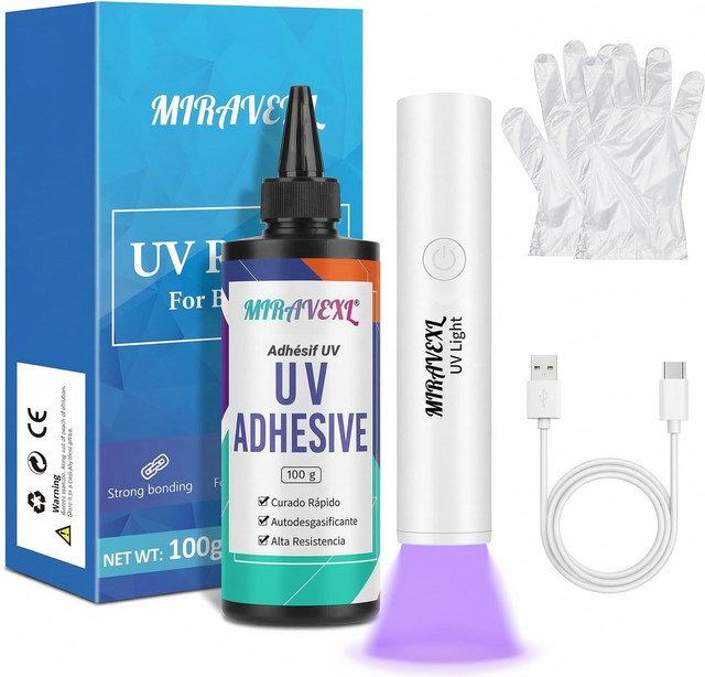 MIRAVEXL UV-Harz-Set mit Taschenlampe für schnelle Reparaturen an Schmuck, Glas und Kunststoff, transparent - Bild 1