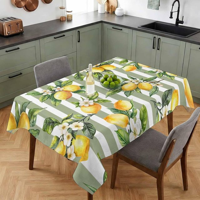 JMG Household Supplies Rechteckige Tischdecke mit Zitronenblüten und Streifen in Gelb und Salbeigrün, B/T: 160 x 100 cm - Bild 1
