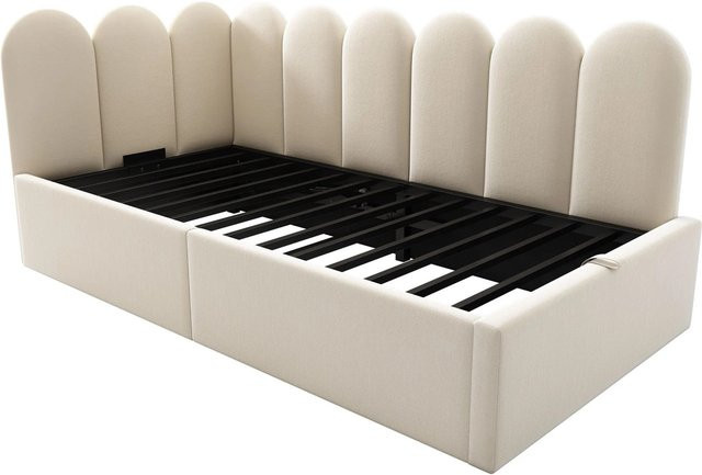 KOMHTOM Polsterbett mit Stauraum und Metall-Lattenrost, Tagesbett und Schlafsofa aus Samt, Beige, B/T/H: 90 x 190 x 76 cm - Bild 1