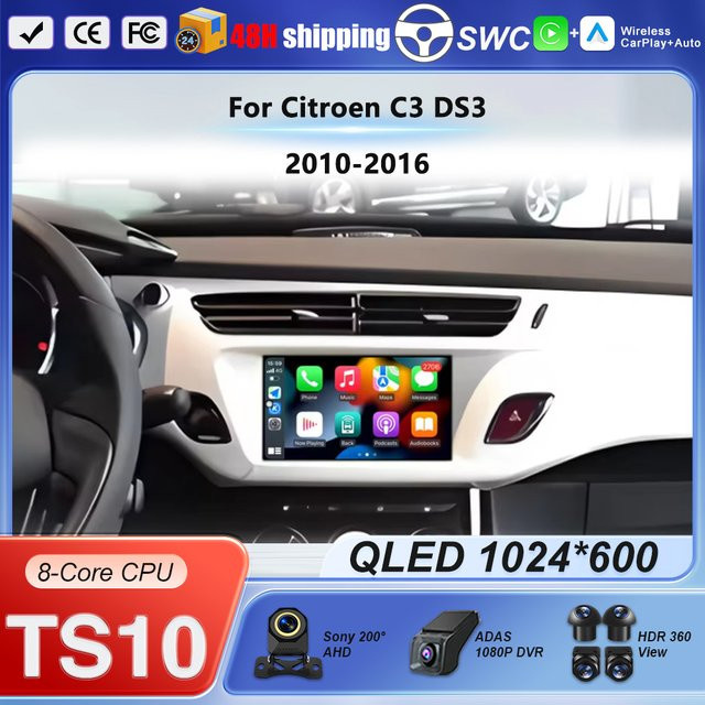 FengShiDa Android 16 Autoradio mit 7 Zoll Display, GPS und Wi-Fi für Citroen C3 und DS3 (2010-2016), Multimedia-Navigationssystem mit Carplay, Schwarz - Bild 1
