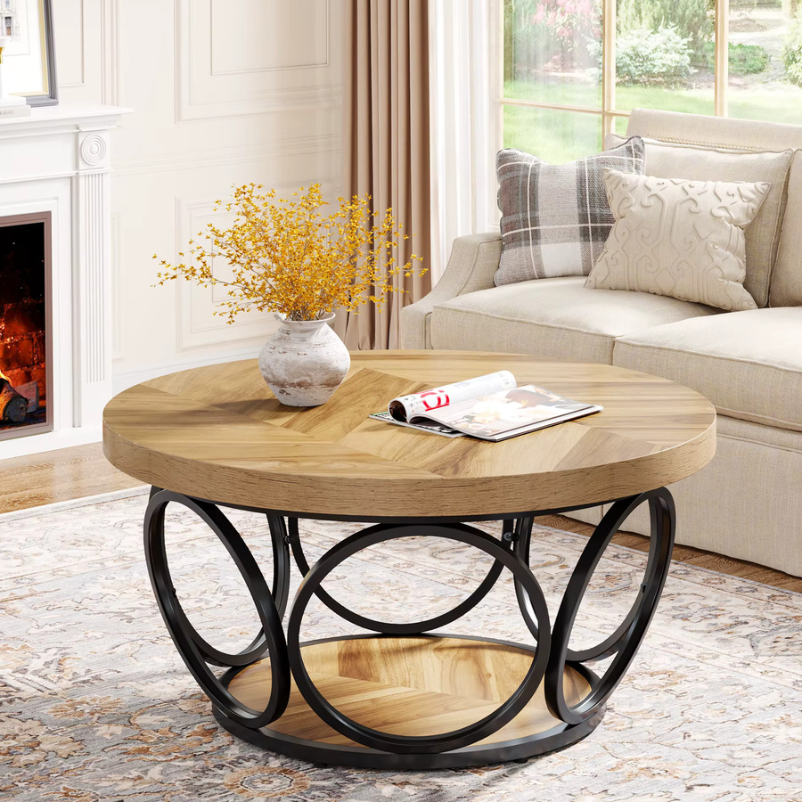 Tribesigns runder Couchtisch aus Holz in Braun mit 2-stufigem Stauraum im Bauernhaus-Stil, Durchmesser: 80 cm - Bild 2