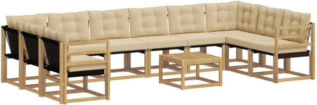 vidaXL Outdoor-Sofagarnitur aus Akazienholz mit 11 Kissen in Weiß und Beige - Bild 1