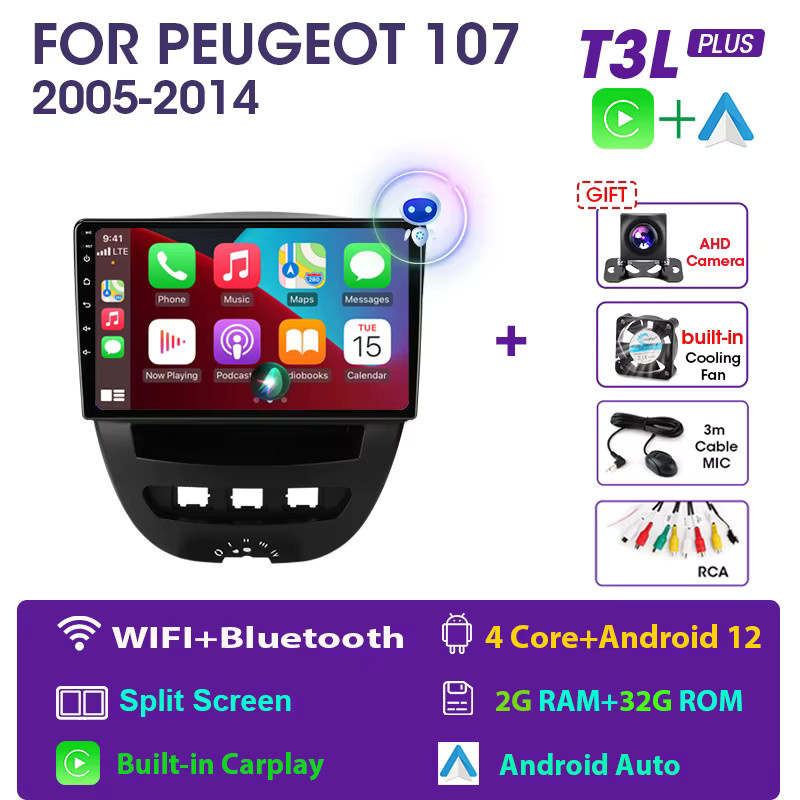 JMCQ 2 DIN Autoradio mit Android 12, 4G, GPS und Carplay für Peugeot 107, Toyota Aygo und Citroen C1 (2005-2014), Schwarz - Bild 5