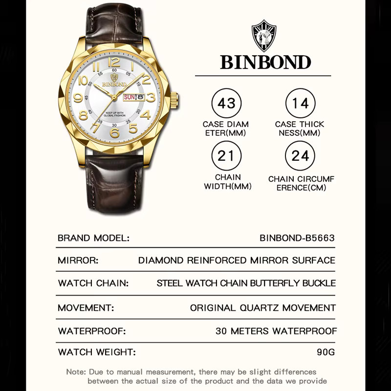 BINBOND Armbanduhr Quarz, Leder, Gold, Herren - Bild 4